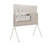 LG OLED Pose 55 Inch 4K TV Smart TV, All Around-Design, a9 Gen5 AI processor., Pose seen from the back facing left with Cable & Accessory Organizer on the media shelf holding a router, multi-tab power strip, and TV box., 55LX1Q6LA, thumbnail 7