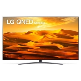 A front view of the LG QNED TV with infill image and product logo on2