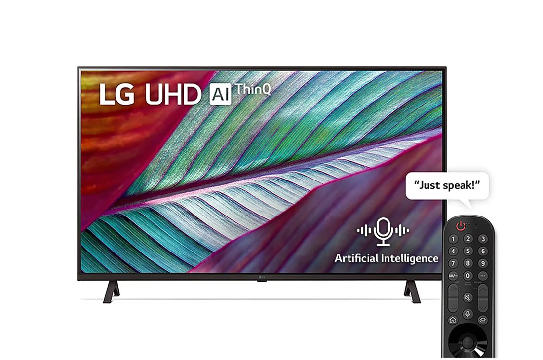 LG UHD 4K TV 2023| 43 Inch | UR78 series| WebOS | Smart AI ThinQ | Magic Remote | 3 side cinema | HDR10|HLG| AI Sound (5.1ch)| 2 Pole stand, A front view of the LG UHD TV, 43UR78006LL