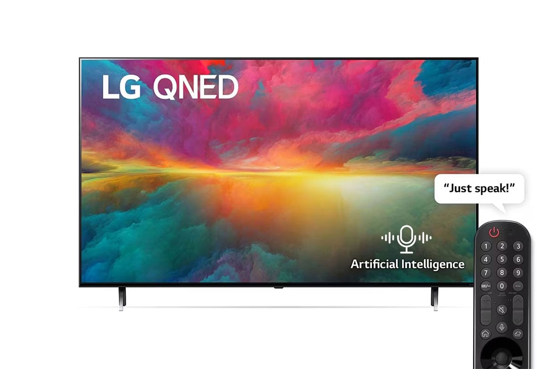 LG QNED TV 2023 | 65 Inch| QNED75R Series |  WebOS |  Smart AI ThinQ | Magic Remote | 3 side cinema| HDR10 | HLG| AI Sound Pro (5.1.2ch) | 2 Pole stand, A front view of the LG QNED TV with infill image and product logo on, 65QNED756RB