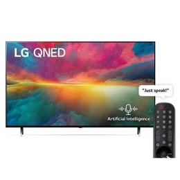 A front view of the LG QNED TV with infill image and product logo on2