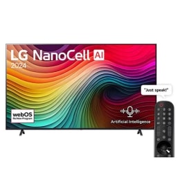 Front view of LG NanoCell TV, NANO80 with text of LG NanoCell AI, 2024, and webOS Re:New Program logo on screen2