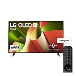 Front view with LG OLED AI TV, OLED B4, 11 Years of world number 1 OLED Emblem and webOS Re:New Program logo on screen with 2-pole stand2