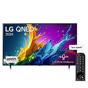 LG 75 Inch LG QNED AI QNED80 4K Smart TV AI Magic remote HDR10 webOS24 - 75QNED80T6B (2024), Front view of LG QNED TV, QNED80 with text of LG QNED AI, 2024, and webOS Re:New Program logo on screen, 75QNED80T6B, thumbnail 1