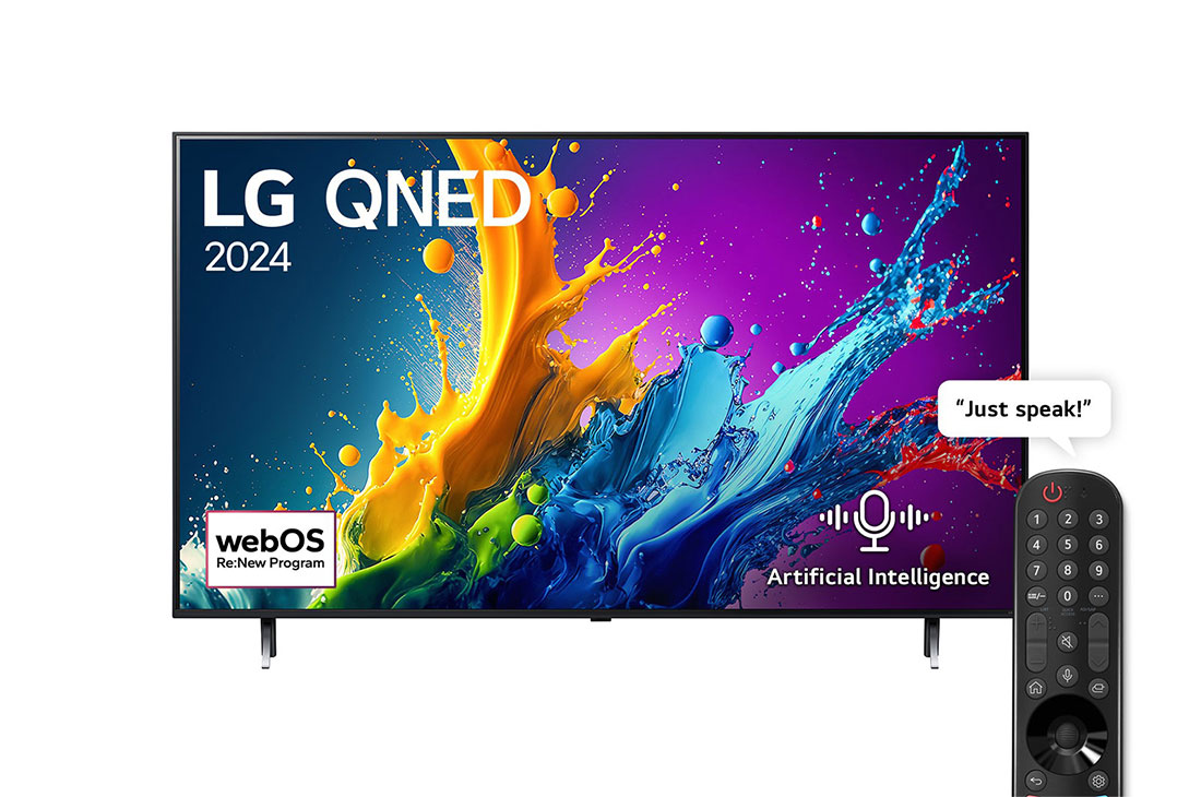 LG 55 Inch LG QNED QNED80 4K Smart TV AI Magic remote HDR10 webOS24 2024, Front view , 55QNED80T6B