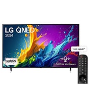 LG 55 Inch LG QNED AI QNED80 4K Smart TV AI Magic remote HDR10 webOS24 - 55QNED80T6B (2024), Front view of LG QNED TV, QNED80 with text of LG QNED AI, 2024, and webOS Re:New Program logo on screen, 55QNED80T6B, thumbnail 1