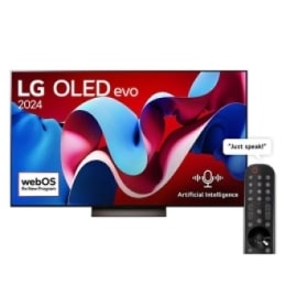 Front view with LG OLED evo TV, OLED C4, 11 Years of world number 1 OLED Emblem logo and webOS Re:New Program logo on screen, as well as the Soundbar below