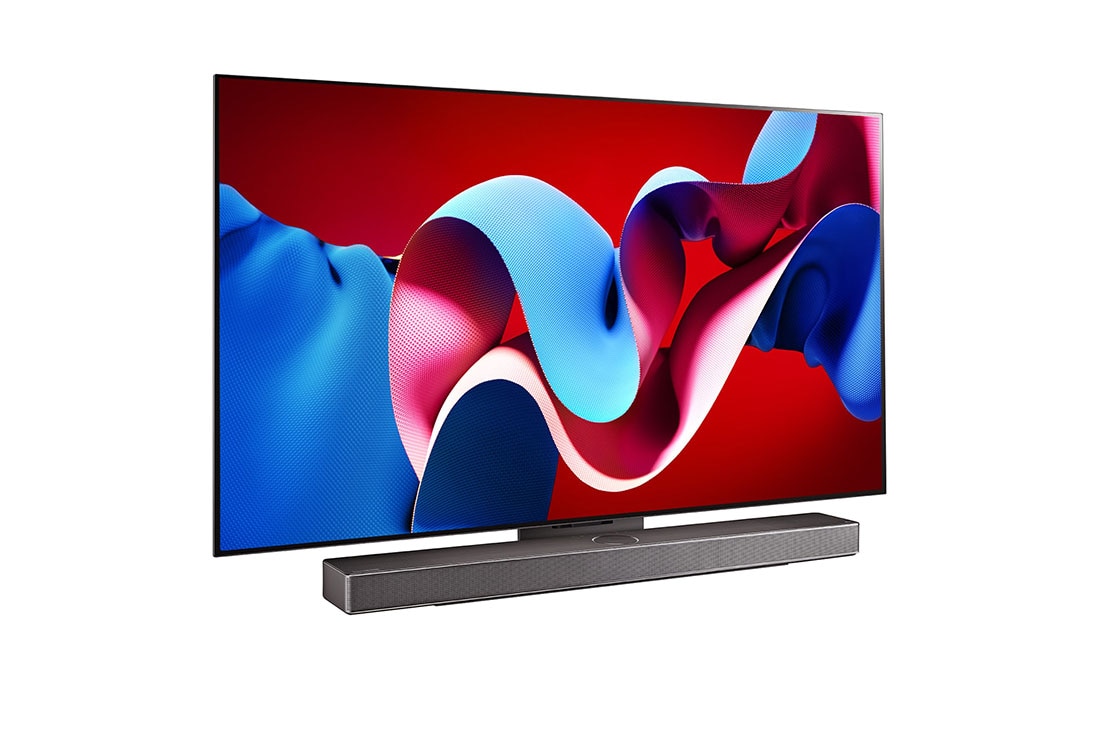 LG 55 Inch LG OLED evo C4 4K Smart TV AI Magic remote Dolby Vision webOS24 2024, Slightly-angled right-facing side view of LG OLED evo TV, OLED C4 with LG Soundbar below, OLED55C46LA, thumbnail 3