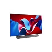 LG 65 Inch LG OLED evo C4 4K Smart TV AI Magic remote Dolby Vision webOS24 2024, Slightly-angled right-facing side view of LG OLED evo TV, OLED C4 with LG Soundbar below, OLED65C46LA, thumbnail 3