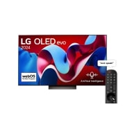LG 65 Inch LG OLED evo C4 4K Smart TV AI Magic remote Dolby Vision webOS24 2024, Front view with LG OLED evo TV, OLED C4, 11 Years of world number 1 OLED Emblem logo and webOS Re:New Program logo on screen, as well as the Soundbar below, OLED65C46LA, thumbnail 1