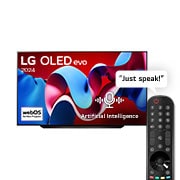 LG 83 Inch LG OLED evo C4 4K Smart TV AI Magic remote Dolby Vision webOS24 2024, Front view with LG OLED evo TV, OLED C4, 11 Years of world number 1 OLED Emblem and webOS Re:New Program logo on screen, OLED83C46LA, thumbnail 1