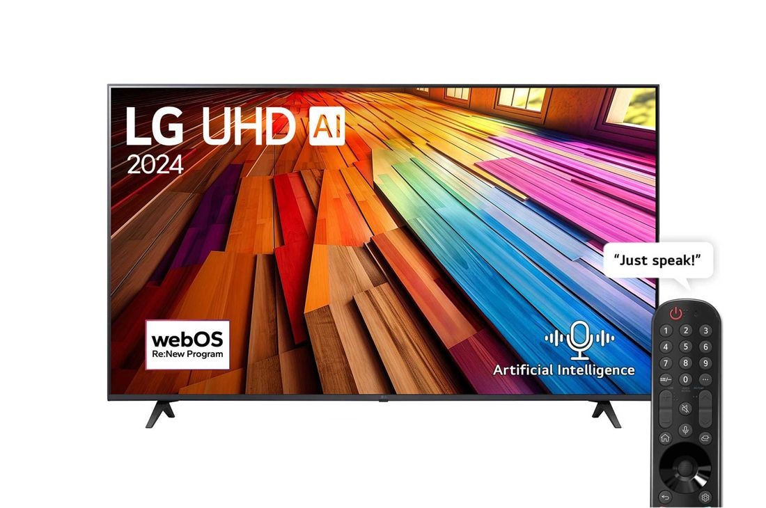 LG 55 Inch LG UHD AI UT80 4K Smart TV AI Magic remote HDR10 webOS24 (2024)  , Front view of LG UHD TV, UT80 with text of LG UHD AI ThinQ, 2024, and webOS Re:New Program logo on screen, 55UT80006LB