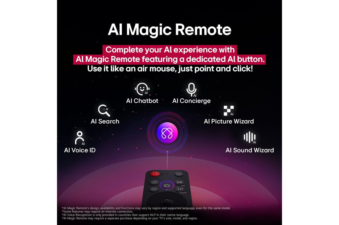 LG 65 inch LG QNED AI QNED80 4K Smart TV AI Magic remote HDR10 webOS25 2025 , LG AI Magic Remote with the AI button highlighted. Around it are the different functionalities that a user can access from the button. AI Voice ID, AI Search, AI Chatbot, AI Concierge, AI Picture Wiza, 65QNED80A6A, thumbnail 11