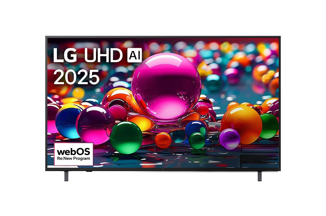 LG 65 inch LG UHD AI UA80 4K Smart TV AI Magic Remote HDR10 webOS25 2025 , Front view of UHD UA75 TV, LG UHD Al Logo on the top corner. LG UHD TV depicts colorful paintike textures coming together., 65UA80006LC