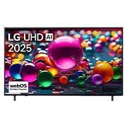 LG 55 inch LG UHD AI UA80 4K Smart TV AI Magic Remote HDR10 webOS25 2025 , Front view of UHD UA75 TV, LG UHD Al Logo on the top corner. LG UHD TV depicts colorful paintike textures coming together., 55UA80006LC, thumbnail 1