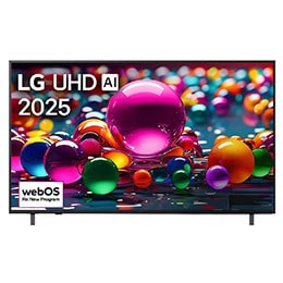Front view of UHD UA75 TV, LG UHD Al Logo on the top corner. LG UHD TV depicts colorful paintike textures coming together.