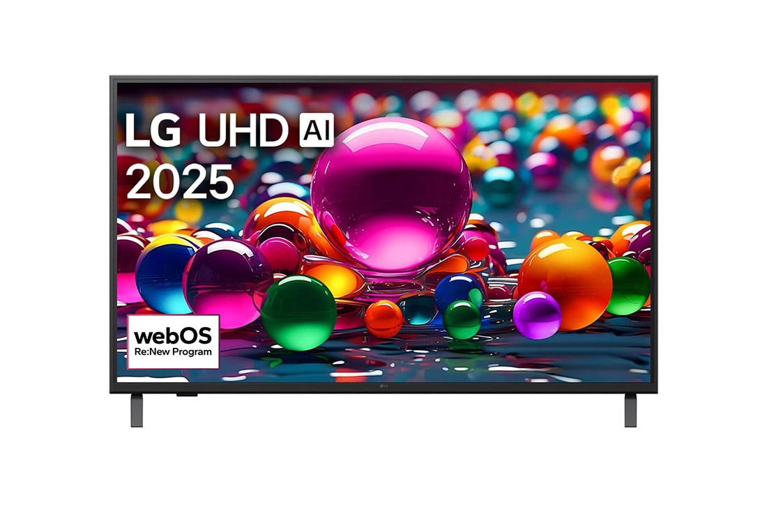 LG 43 inch LG UHD AI UA80 4K Smart TV AI Magic Remote HDR10 webOS25 2025 , Front view of UHD UA75 TV, LG UHD Al Logo on the top corner. LG UHD TV depicts colorful paintike textures coming together., 43UA80006LC