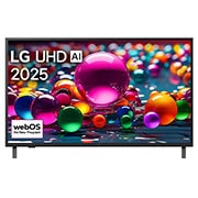 LG 43 inch LG UHD AI UA80 4K Smart TV AI Magic Remote HDR10 webOS25 2025 , Front view of UHD UA75 TV, LG UHD Al Logo on the top corner. LG UHD TV depicts colorful paintike textures coming together., 43UA80006LC, thumbnail 1