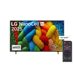 Front view of NanoCell TV, LG NanoCell Al Logo on the top corner. LG NanoCell NANO80 TV depicts colorful paintike textures coming together.2