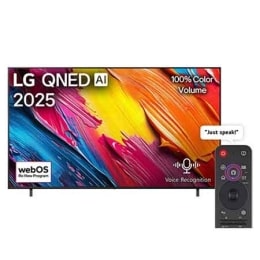 Front view of LG QNED70 TV, LG QNED Al Logo on the top corner. LG QNED TV depicts colorful paintike textures coming together.2