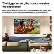 LG 85 inch LG NANO 4K UHD AI NU84 Smart TV 2026, LG NANO 4K UHD AI NU84 Ultra Big TV is wall-mounted in a living space, showing a sports victory scene with confetti and a trophy, emphasizing vivid color, clear detail, and an immersive sense of scale, 85NU840B6LA, thumbnail 3