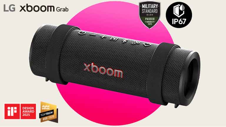 xboom Grab is placed in a diagonal position in a pink-circle-background. On the right above Military standard and IP67 logos are placed while on the bottom left iF Design award and Digital trend award logos are placed.