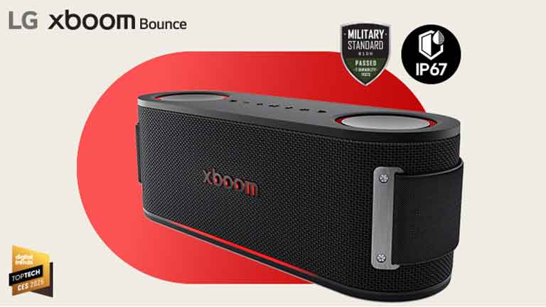 xboom Bounce is placed in a diagonal position in a red background. On the right above Military standard and IP67 logos are placed while on the bottom left Digital trend award logo is placed.