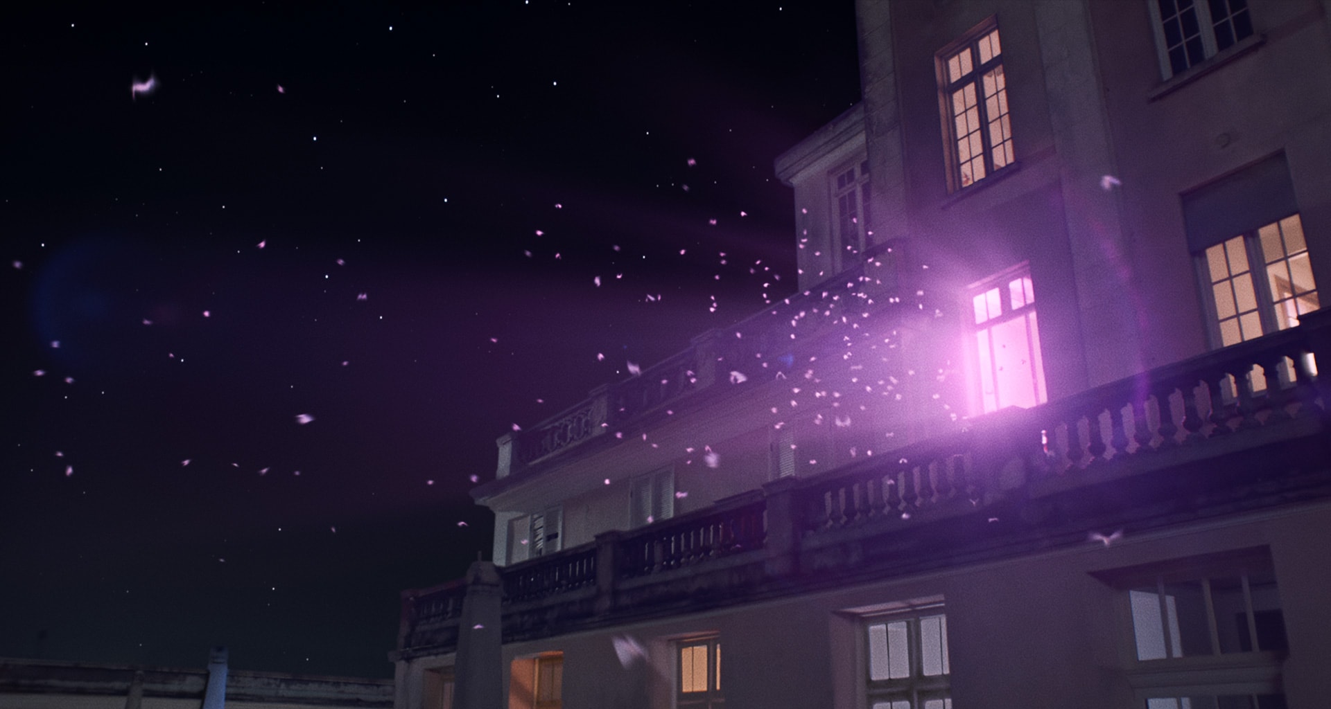 Moths flock across the night sky toward the top of a mansion. From the living room window, the camera cuts to a silhouette of a couple watching TV on the sofa. Bands of blue and purple light sway onscreen.