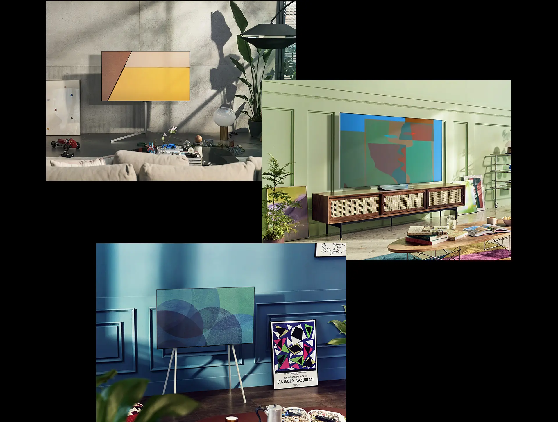 A gallery stand LG OLED television is in a modern minimalist room., A swivel stand LG OLED television is in a room., A floor stand LG OLED television is in a cozy room.