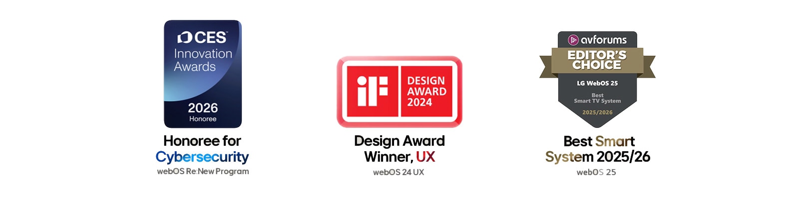 Logotipos de premios que incluyen CES, iF Design Award y AVForums Editors' Choice