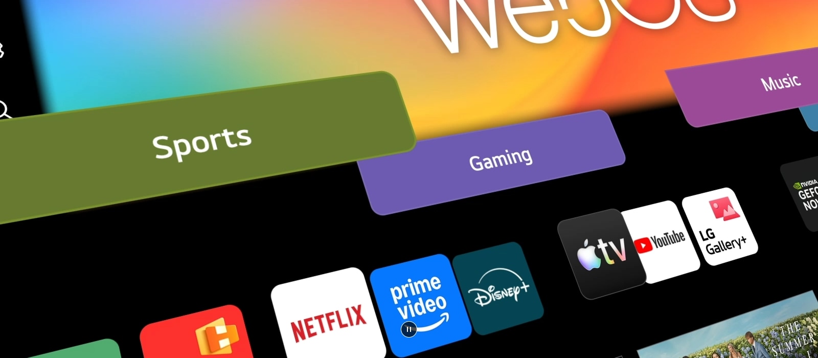 Interfaz LG Smart TV que presenta cuadros de categorías animados que pasan sin problemas a la pantalla de inicio de webOS, mostrando acceso personalizado a contenido a través de un centro inteligente unificado.