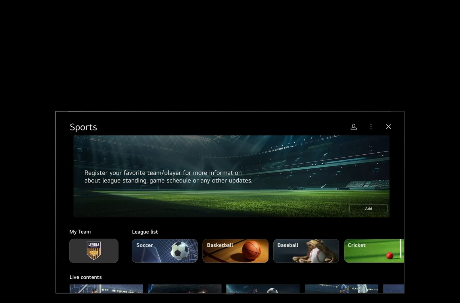 Pantalla de configuración del televisor LG que muestra la interfaz del Portal de Deportes. La sección "Mi equipo" se expande y contrae dinámicamente, seguida de un desplazamiento suave hacia abajo a través de varios canales y contenidos deportivos seleccionables.
