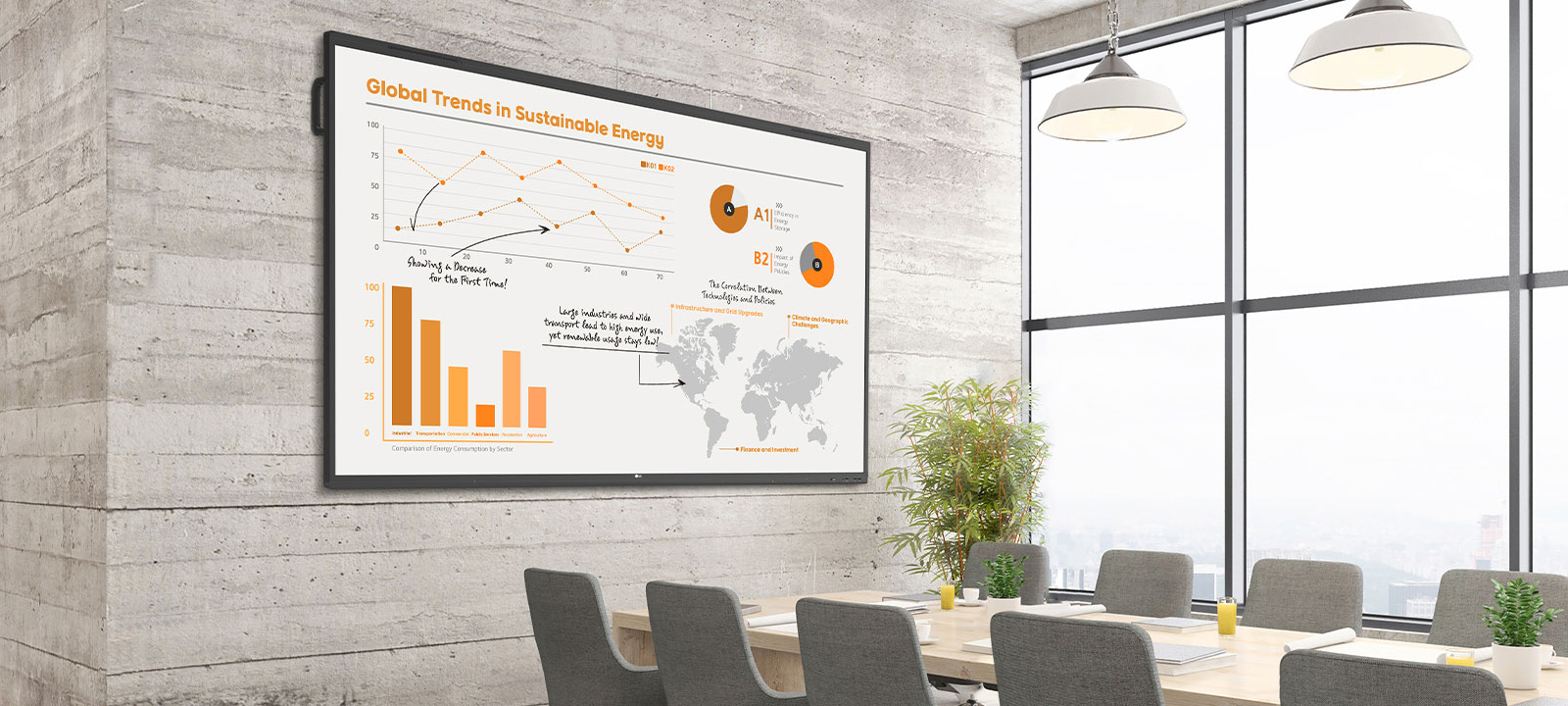 En la sala de conferencias hay un gran TR3PN instalado en la pared, que muestra en la pantalla los materiales para la reunión con gran nitidez.