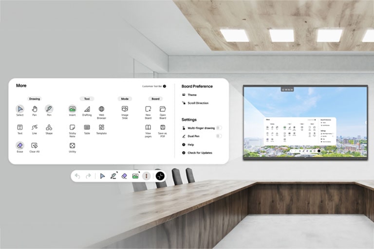 Un TR3PN está montado en la pared de la sala de conferencias, con la barra de menú mostrada en la pantalla.