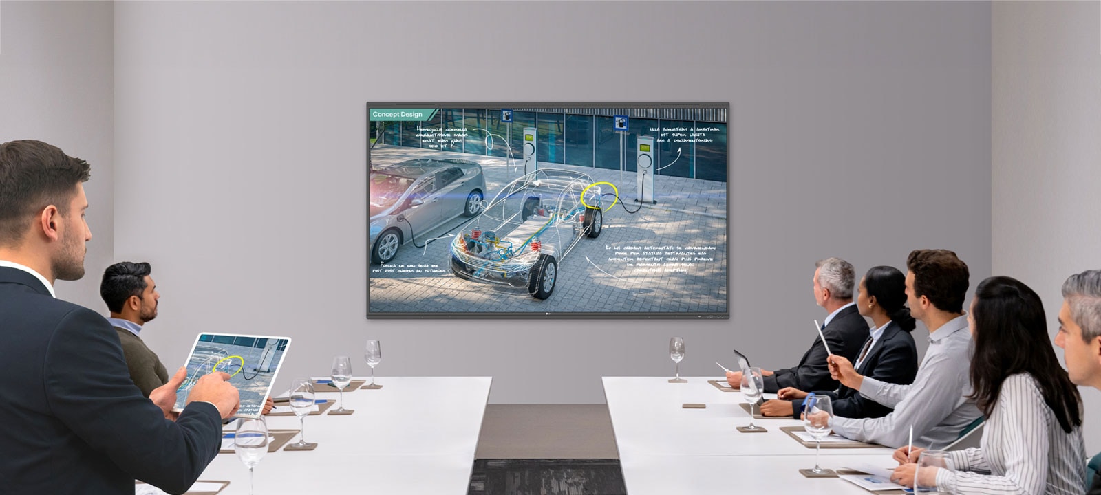 Se está realizando una presentación en la sala de reuniones equipada con TR3PN, y el presentador controla a la perfección sus materiales mediante la función de pantalla compartida inalámbrica de su tableta.