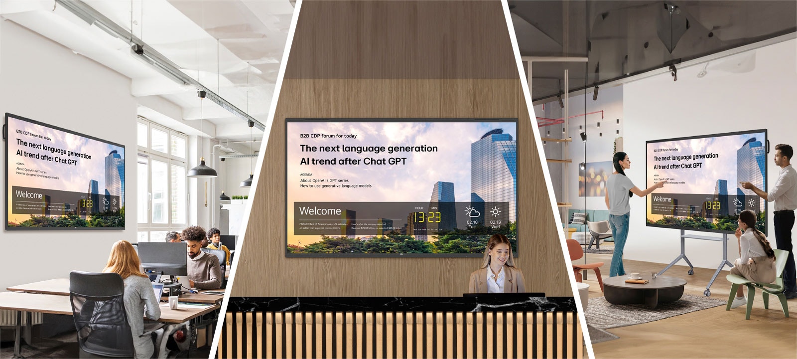 Los avisos de la empresa se muestran de manera uniforme en pantallas ubicadas en la oficina, el vestíbulo y las áreas de descanso.