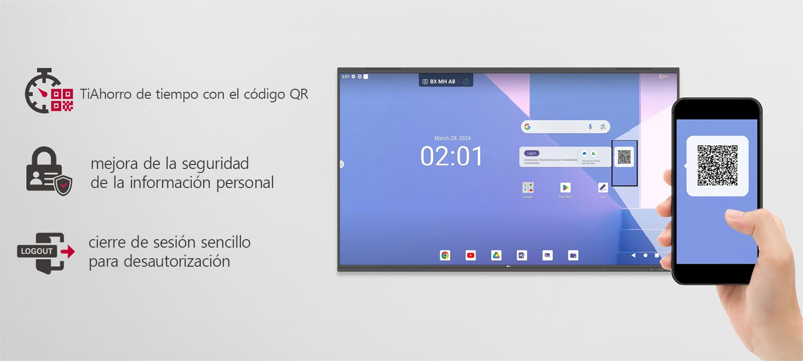 Iniciar sesión con un código QR es fácil, lo que ahorra tiempo en la preparación de las reuniones y mejora la seguridad de la información personal. Basta con cerrar sesión para proteger la información.