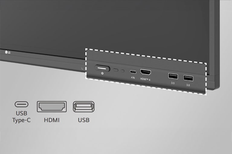 El LG CreateBoard tiene puertos en la parte frontal, como USB y HDMI.
