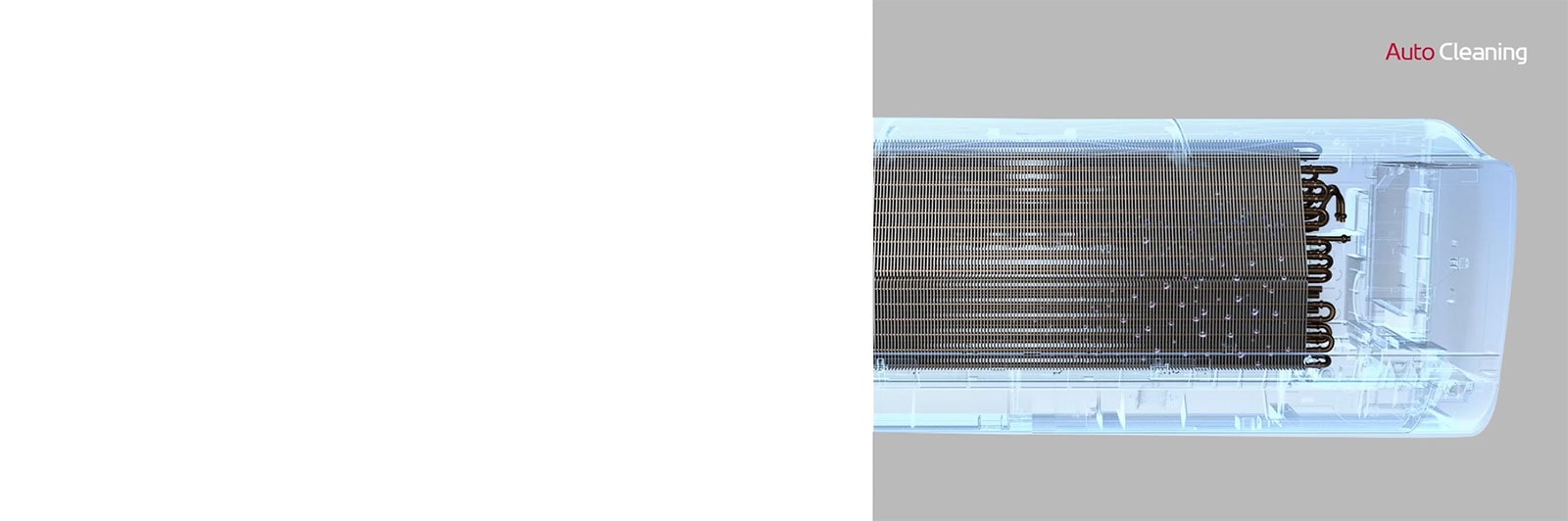 Vista frontal del aire acondicionado LG con luz azul de limpieza automática. Logotipo "AutoCleaning" en la esquina.