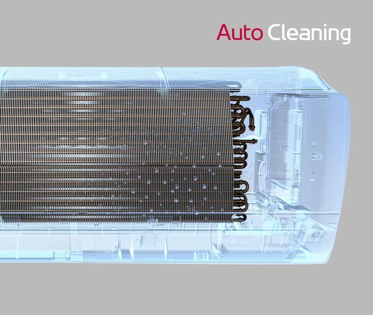 Vista frontal del aire acondicionado LG con luz azul de limpieza automática. Logotipo "AutoCleaning" en la esquina.
