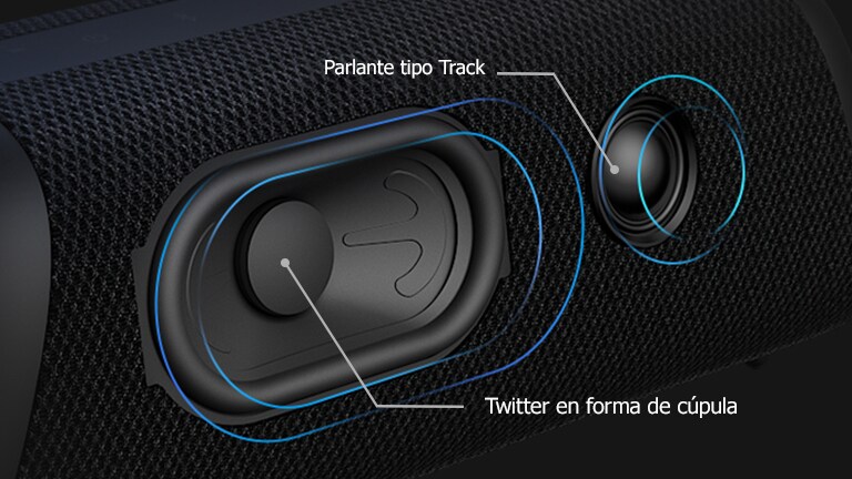 Vista Diagonal de LG XBOOM Go XG7, mostrando el parlante de tipo Track y el Twitter en forma de cúpula