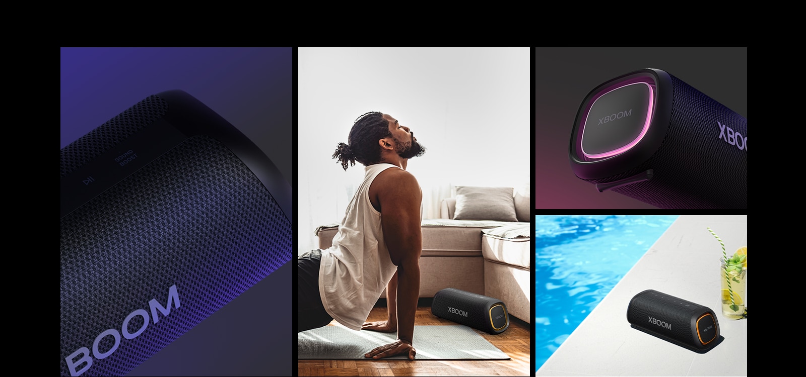 Desde la izquierda, vista de cerca del LG XBOOM Go XG7. A continuación, se coloca una imagen de un hombre haciendo yoga, encima del LG XBOOM Go XG7 mate. A la derecha, de arriba a abajo: primer plano del altavoz con iluminación rosa. El altavoz con iluminación naranja y una limonada se colocan junto a la piscina.
