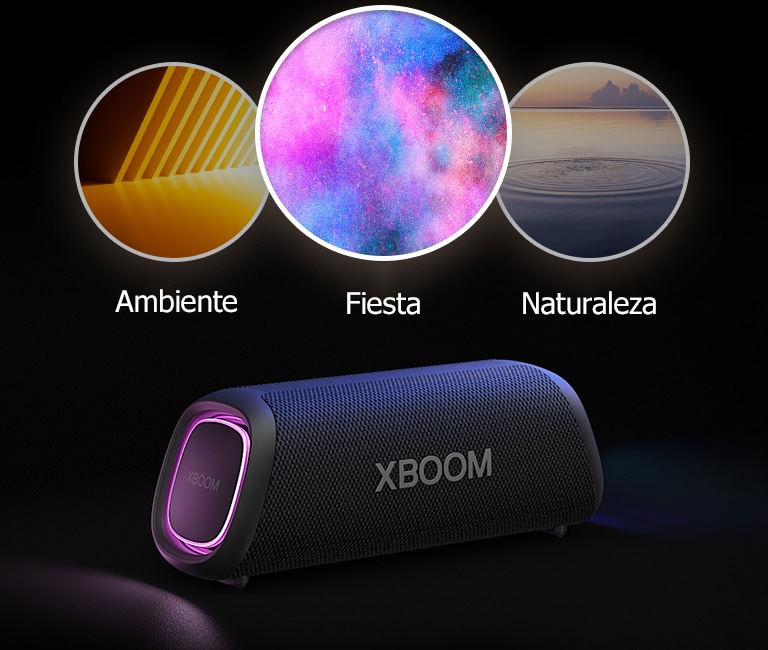 LG XBOOM Go XG7 con iluminación violeta se coloca en el suelo. En la parte superior del altavoz, muestra tres modos de Light Studio; ambiente, naturaleza y fiesta.