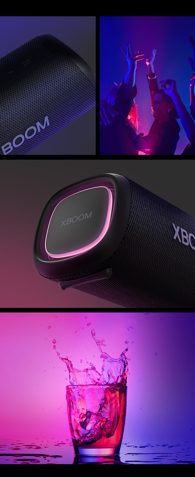 Desde la izquierda, vista de cerca del LG XBOOM Go XG7. A continuación, una imagen de personas disfrutando de la música. A la derecha, de arriba abajo: primer plano del altavoz con iluminación rosa y dos vasos de bebida.