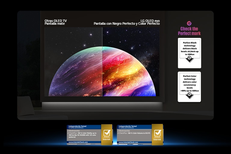 La LG OLED evo AI C6 muestra una escena de planetas y estrellas en modo de pantalla dividida, comparando una pantalla mate anti-glare con su pantalla Negro perfecto y Color perfecto para obtener una calidad de imagen más nítida con cualquier tipo de iluminación, respaldada por la certificación UL y las certificaciones Intertek para el volumen y la fidelidad del color.