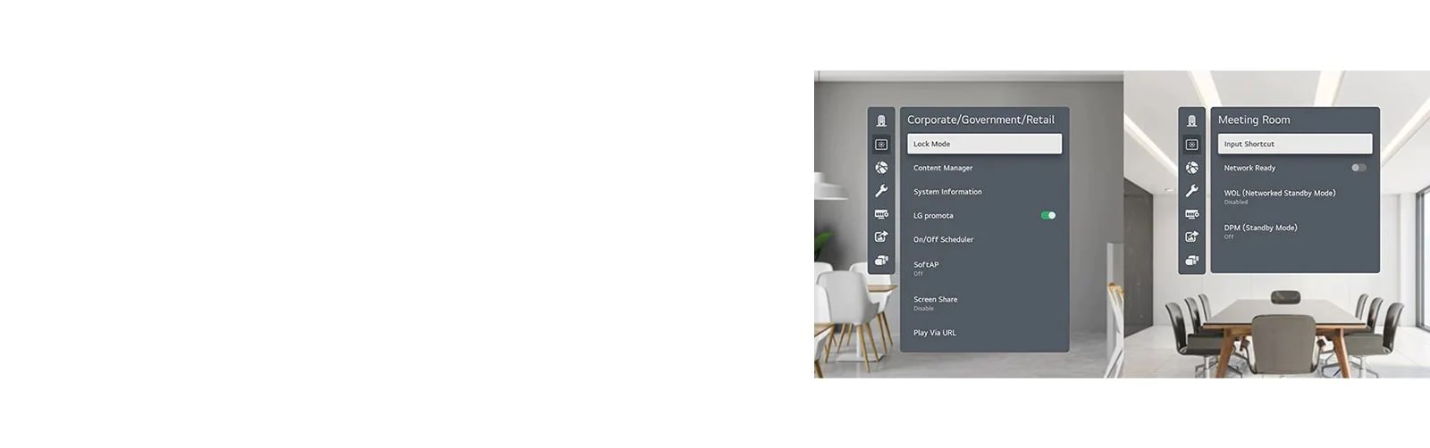 Los menús más utilizados se clasifican por sectores a la izquierda, como «Corporativo/gobierno/venta minorista», y a la derecha, como «Sala de reuniones».