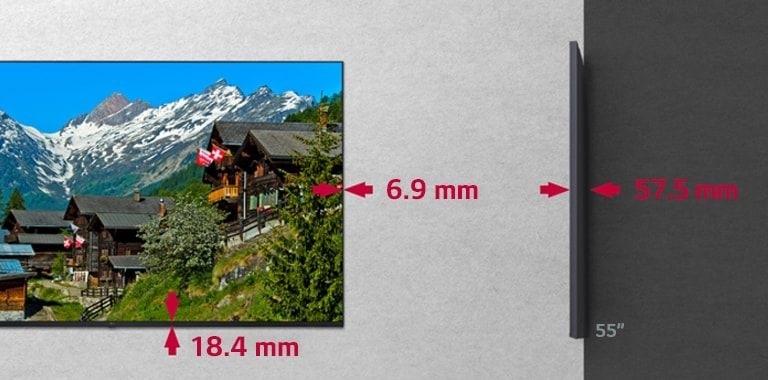 Muestra el tamaño del bisel de 6.9 mm por 18.4 mm, y lo delgada que es, con una profundidad de 57.5 mm.