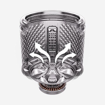 Flechas circulares que giran dentro del tambor para mostrar el movimiento giratorio completo de la tela