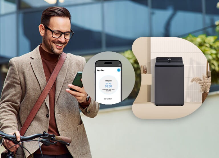 Un hombre controla a distancia la lavadora LG a través de una app ThinQ