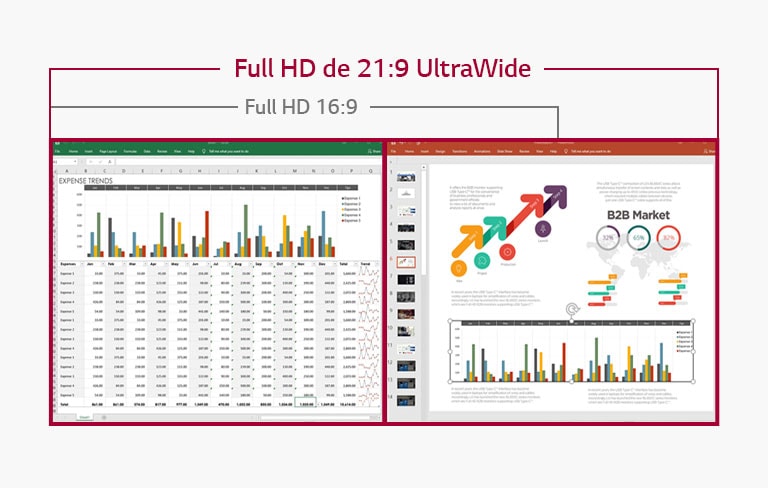 Imagen de visualización de hojas de datos y diapositivas de lado a lado en la pantalla Full HD de 21:9 UltraWide, mientras que la pantalla Full HD de 16:9 no lo permite debido a la falta de espacio.